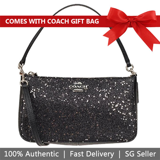 Coach Crossbody Bag With Gift Bag Top Handle Pouch With Star Glitter Black / Silver # F39656