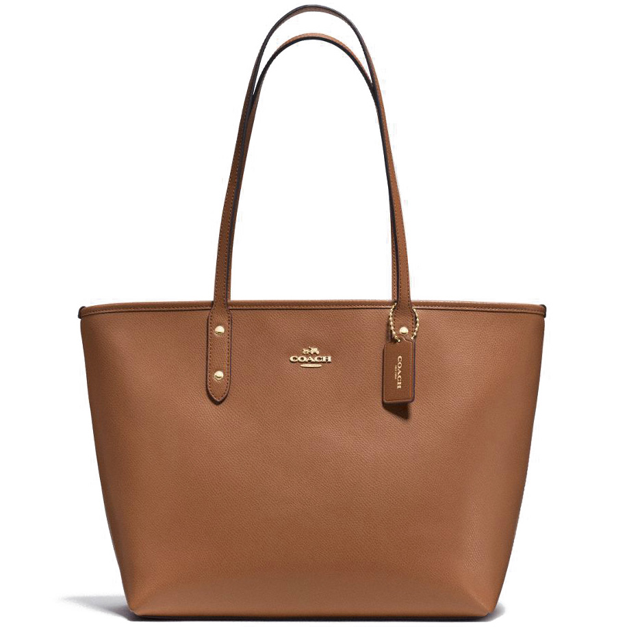 Coach Crossgrain Leather City Zip Tote Saddle / Gold # F37785