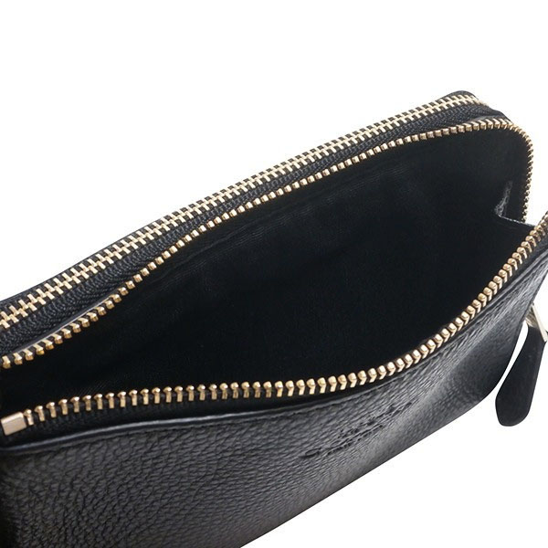 Coach Double Corner Zip Wristlet In Pebble Leather Black / Gold # F66505