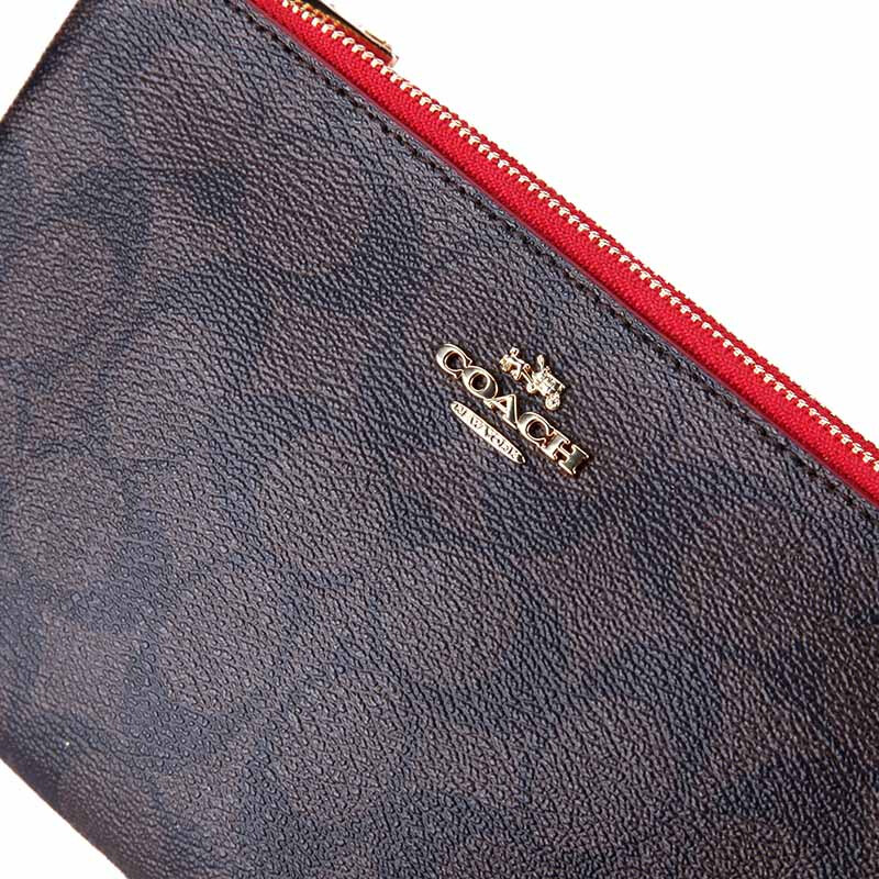 Coach Double Zip Wallet In Signature Canvas Brown / True Red # F16109