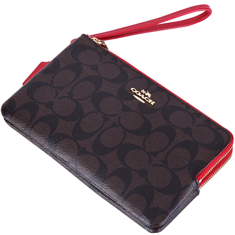 Coach Double Zip Wallet In Signature Canvas Brown / True Red # F16109