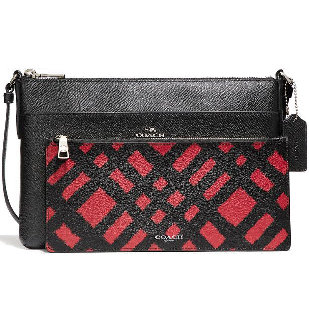 Coach East West Crossbody With Pop-Up Pouch With Wild Plaid Print Red / Black # F22251