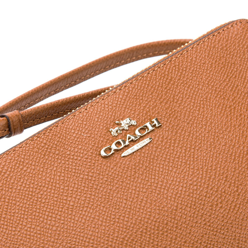 Coach Embossed Small Corner Zip Leather Wristlet Saddle / Brown # 52392
