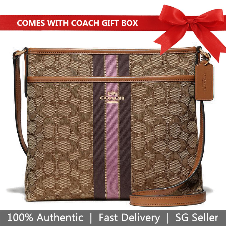Coach Crossbody Bag File Crossbody In Signature Jacquard With Stripe Khaki / Pink # F39041