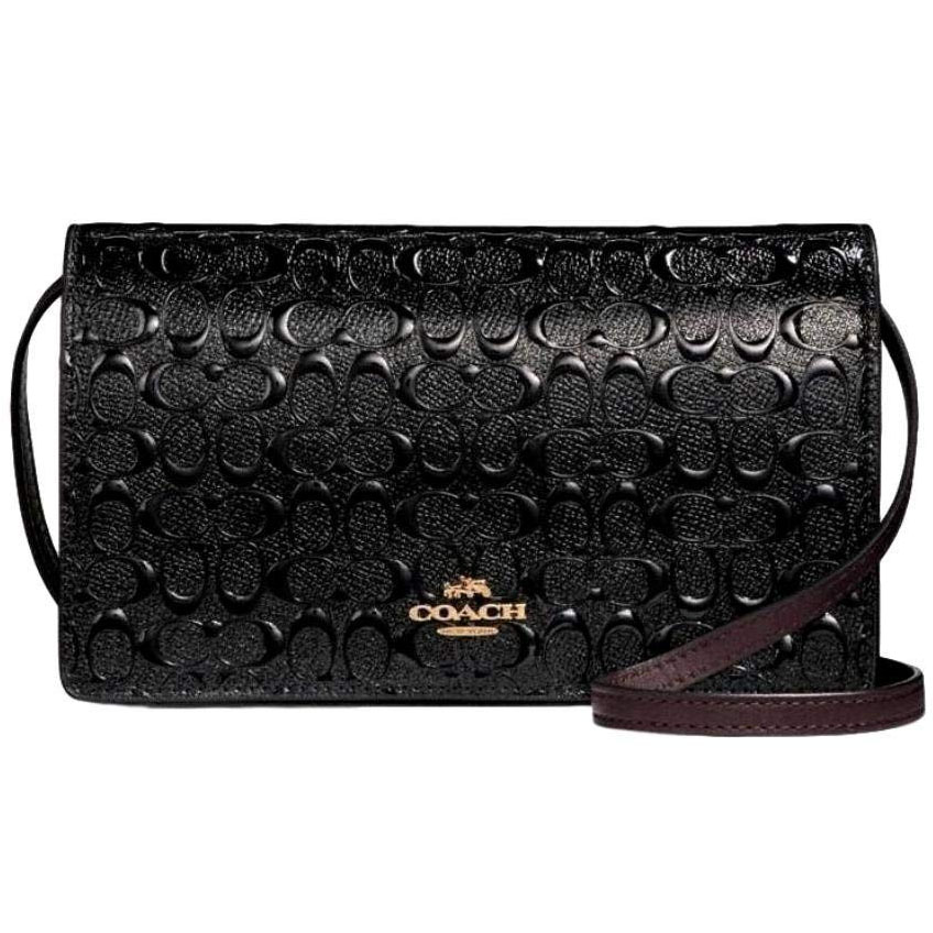 Coach Foldover Crossbody Clutch In Signature Debossed Patent Leather Black # F15620