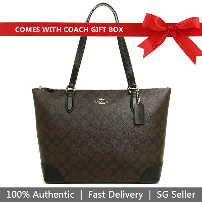 Coach Tote In Gift Box Shoulder Bag Zip Top Tote In Signature Canvas Brown / Black # F29208