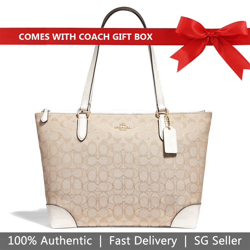 Coach Tote In Gift Box Zip Top Tote In Signature Jacquard Shoulder Bag Light Khaki / Chalk / Gold # F29958