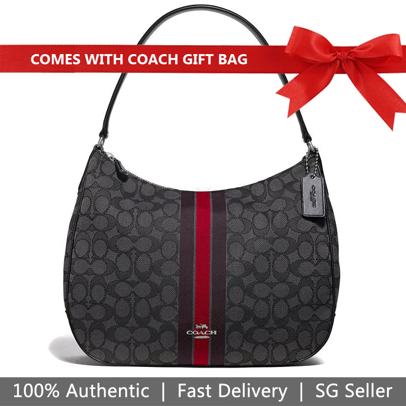 Coach Shoulder Bag With Gift Bag Zip Shoulder Bag In Signature Jacquard With Stripe Smoke Black Red # F39042