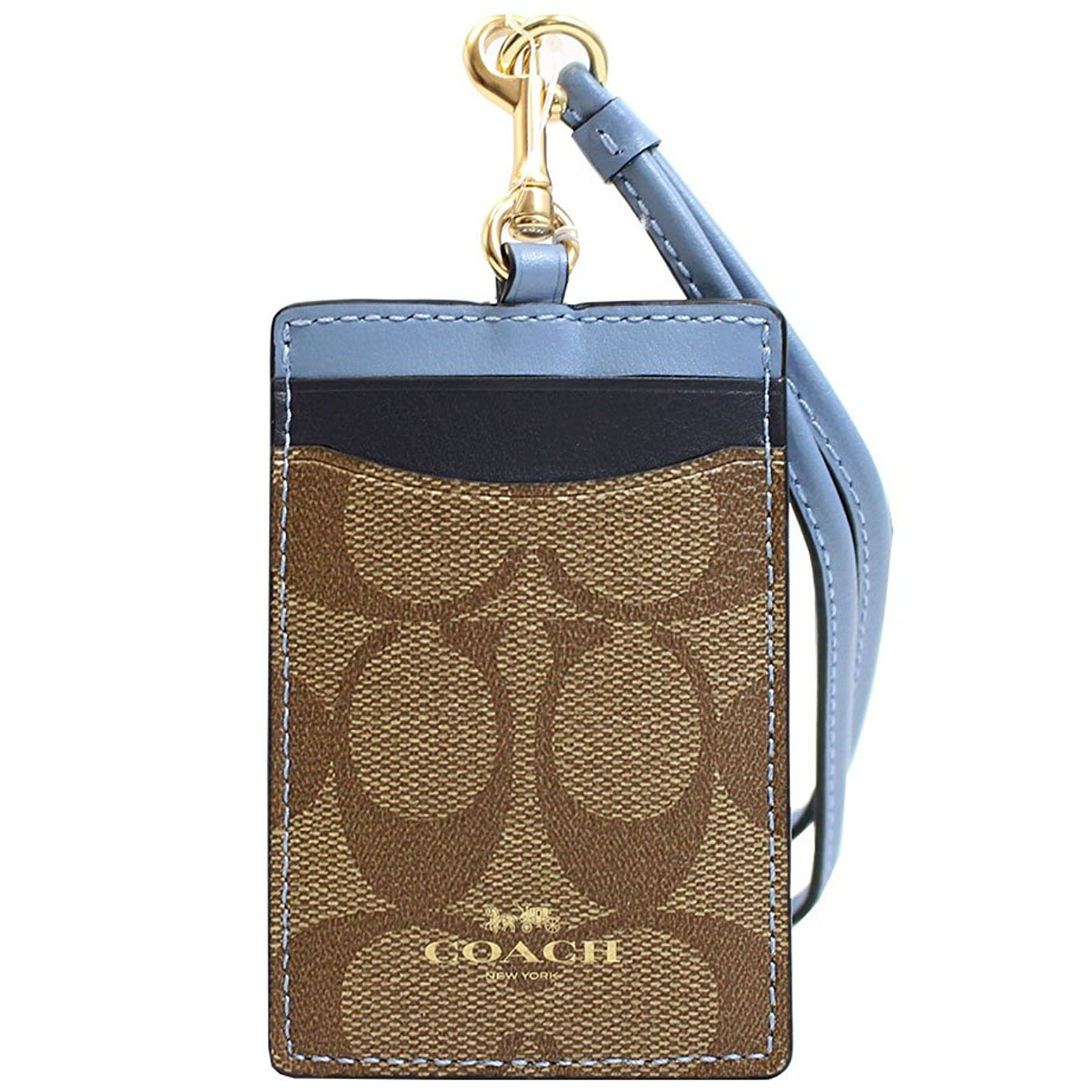 Coach Id Lanyard In Colorblock Signature Canvas With Gift Wrap Khaki / Midnight Pool / Gold # F57964