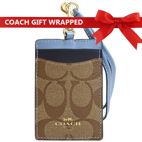 Coach Id Lanyard In Colorblock Signature Canvas With Gift Wrap Khaki / Midnight Pool / Gold # F57964