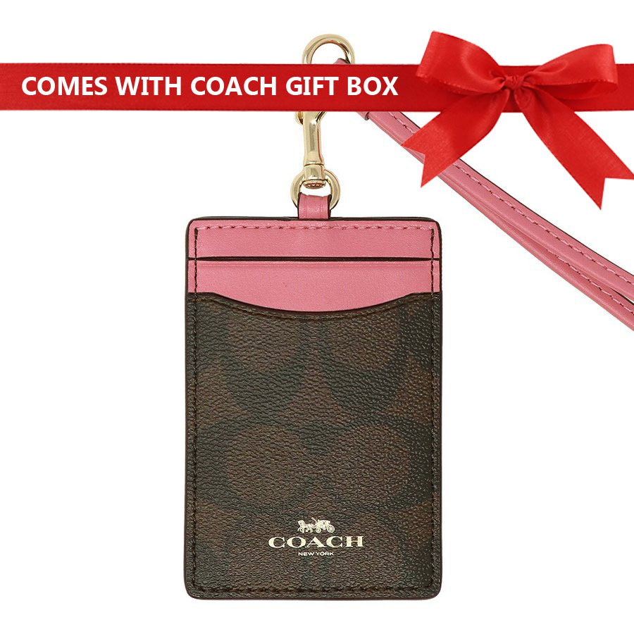 Coach Id Lanyard In Signature Canvas Brown / Pink / Gold # F63274