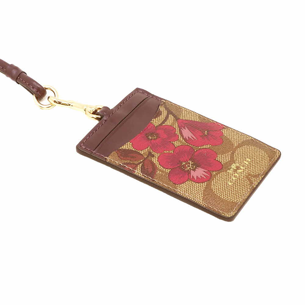 Coach Id Lanyard In Signature Canvas With Victorian Floral Print Khaki Berry Dark Purple # F88058