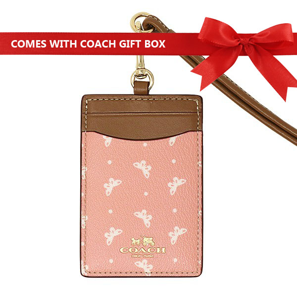 Coach Id Lanyard With Butterfly Dot Print Blush Pink / Saddle Brown / Gold # F59788