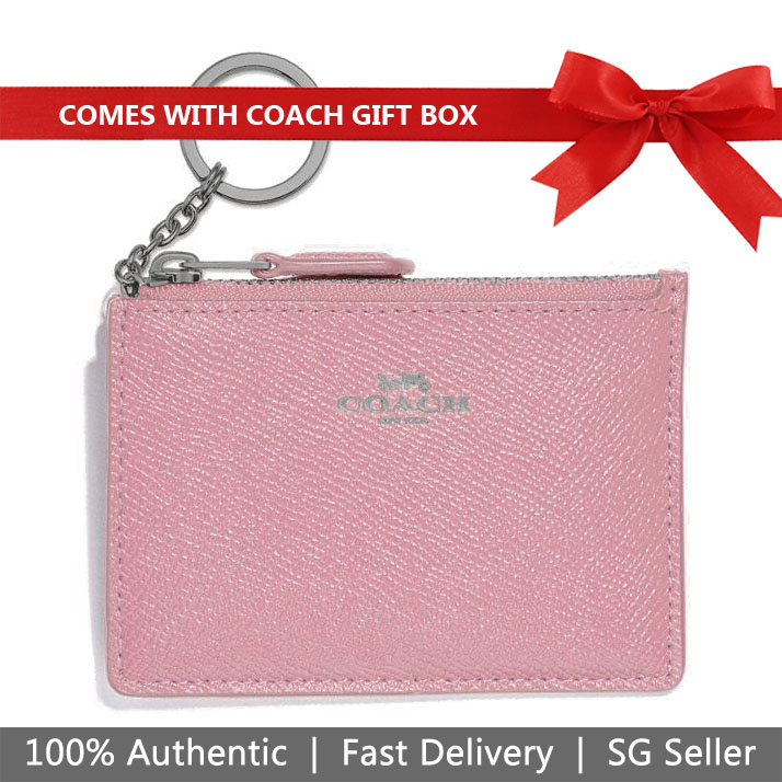 Coach Key Card Case In Gift Box Mini Skinny Id Case In Crossgrain Leather Tulip Lilac Purple # F12186