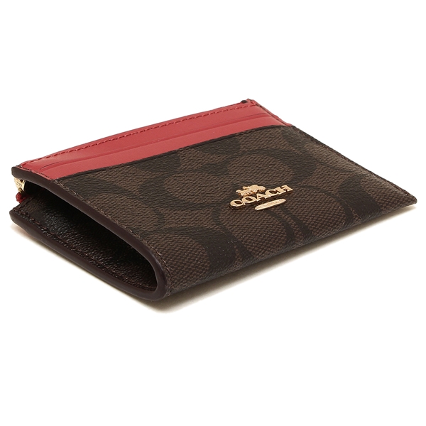 Coach Key Card Case In Gift Box Mini Skinny Id Case In Signature Canvas Brown / True Red # F88208