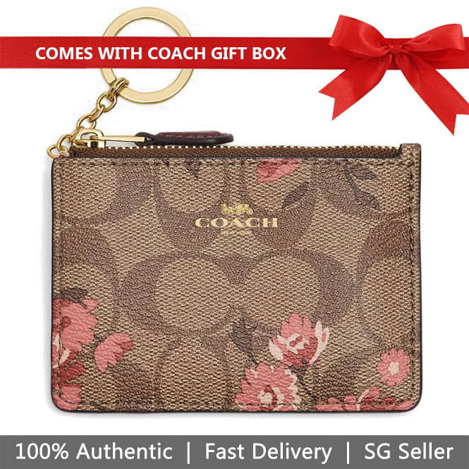 Coach Key Card Case In Gift Box Mini Skinny Id Case In Signature Canvas With Prairie Daisy Cluster Print Khaki Coral # F78047