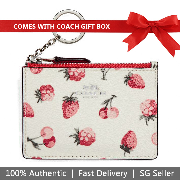 Coach Key Card Case In Gift Box Mini Skinny Id Case With Fruit Print Chalk White # F23676