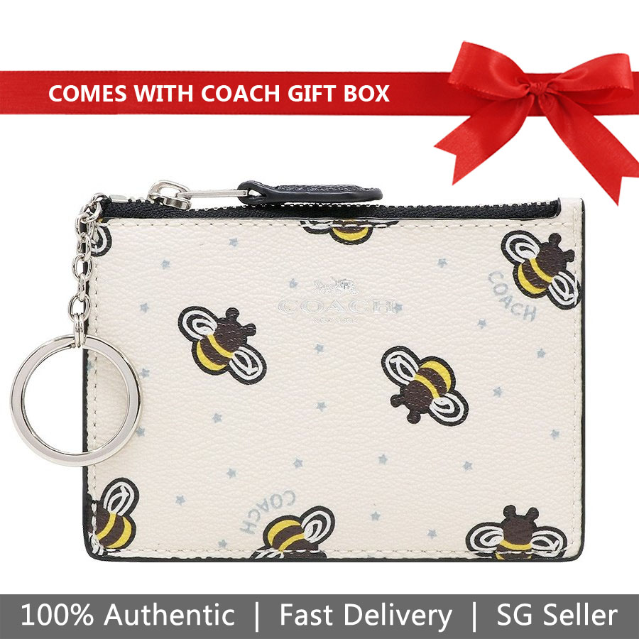 Coach Key Coin Case In Gift Box Mini Id Skinny With Bee Print Chalk White Multi / Silver # F26657