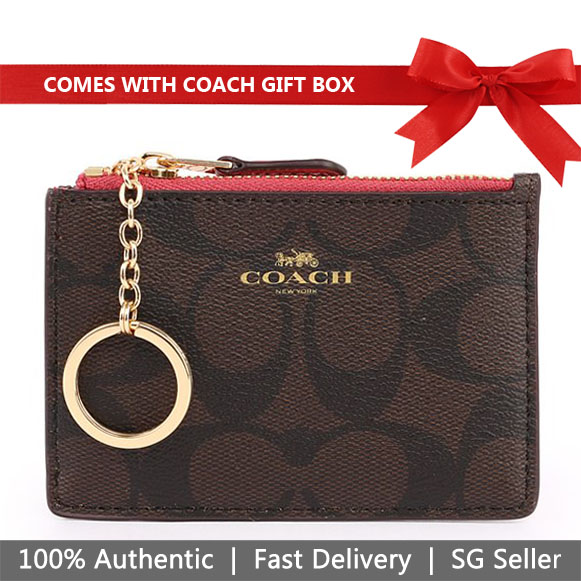 Coach Key Coin Case In Gift Box Mini Skinny Id Case In Signature Canvas Brown / Strawberry # F16107