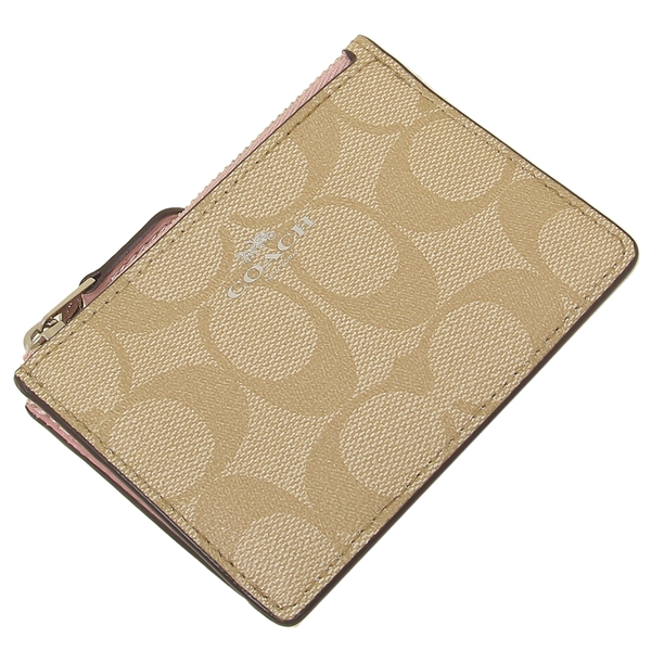 Coach Key Coin Case In Gift Box Mini Skinny Id Case In Signature Canvas Light Khaki / Carnation Pink # F16107