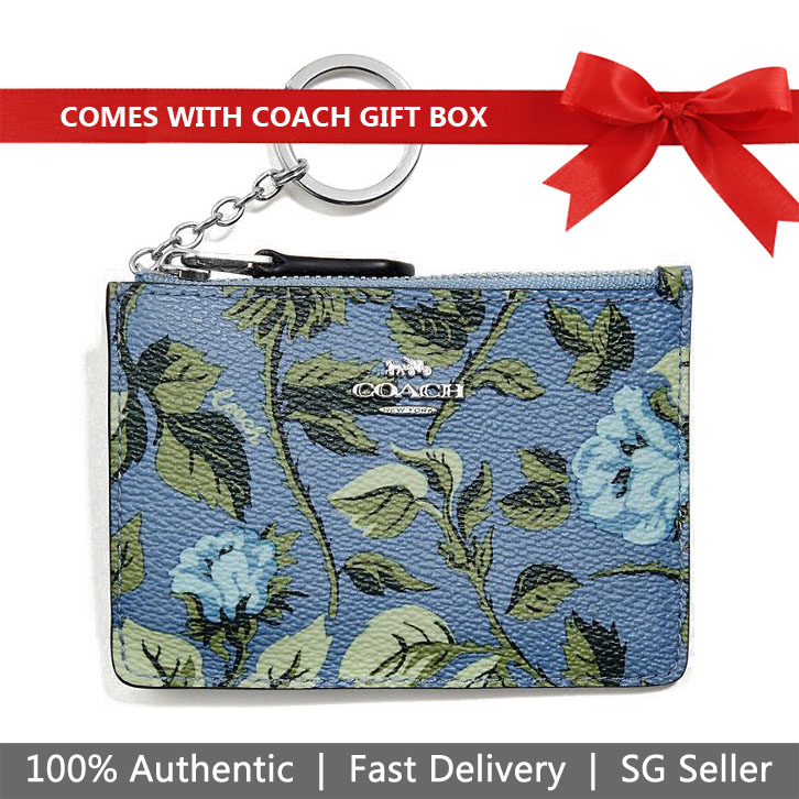 Coach Key Coin Case In Gift Box Mini Skinny Id Case With Sleeping Rose Print Blue Slate Sleeping Rose # 67124