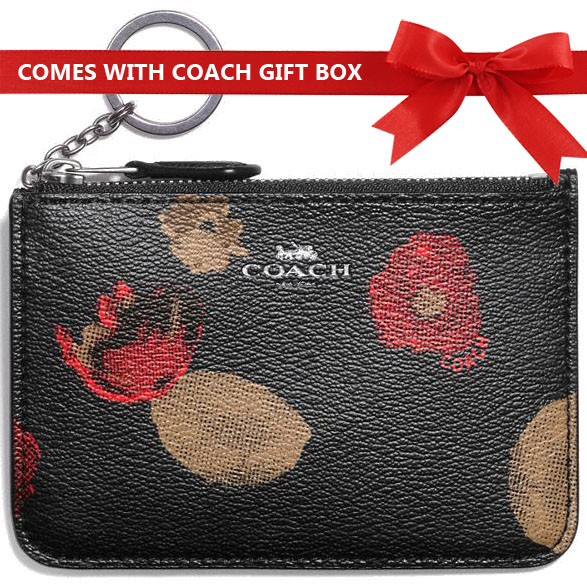 Coach Key Pouch In Gift Box Key Pouch With Gusset In Halftone Floral Print Coated Canvas Black Multi / Antique Nickel # F55999