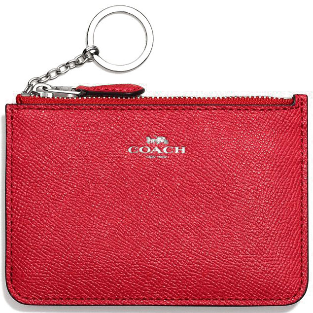 Coach Key Pouch With Gusset In Crossgrain Leather Silver / Bright Red # F57854