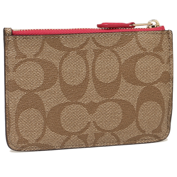 Coach Key Pouch With Gusset In Signature Gold / Khaki Bright Pink # F63923
