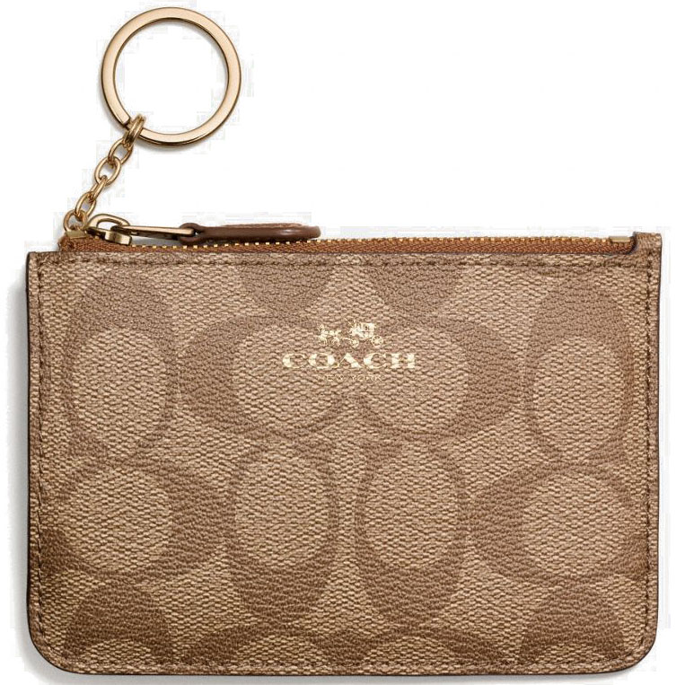 SpreeSuki - Coach Key Pouch With Gusset In Signature Saddle Brown / Khaki #  F63923