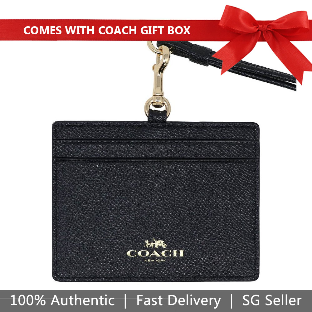 Coach Lanyard In Gift Box Crossgrain Leather Id Lanyard Black # F67652