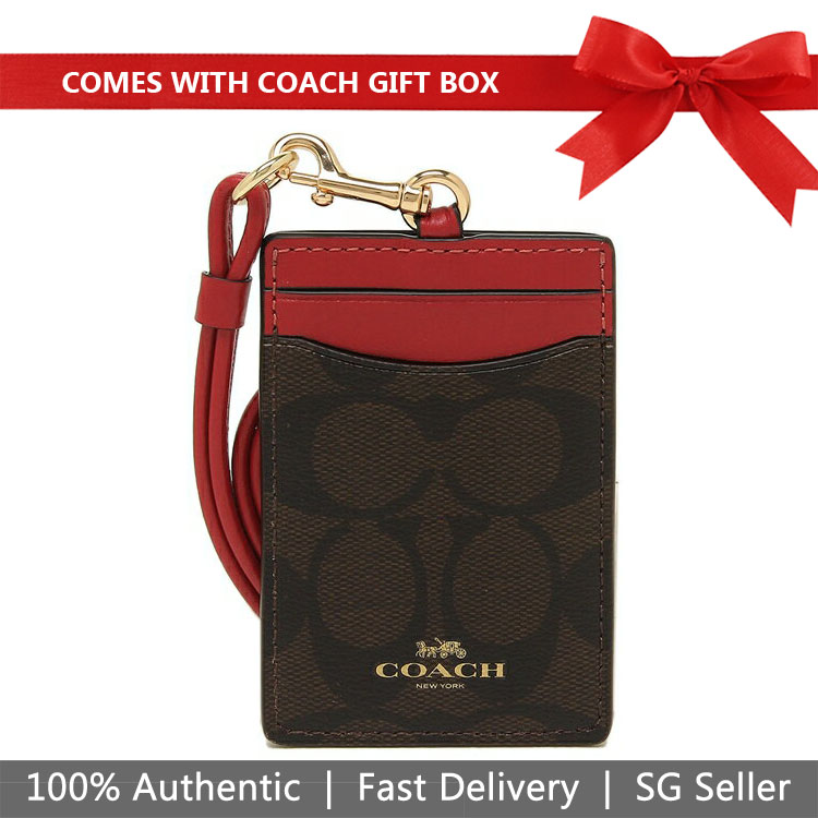 Coach Lanyard In Gift Box Id Lanyard In Signature Canvas Brown / Ruby Red / Gold # F63274