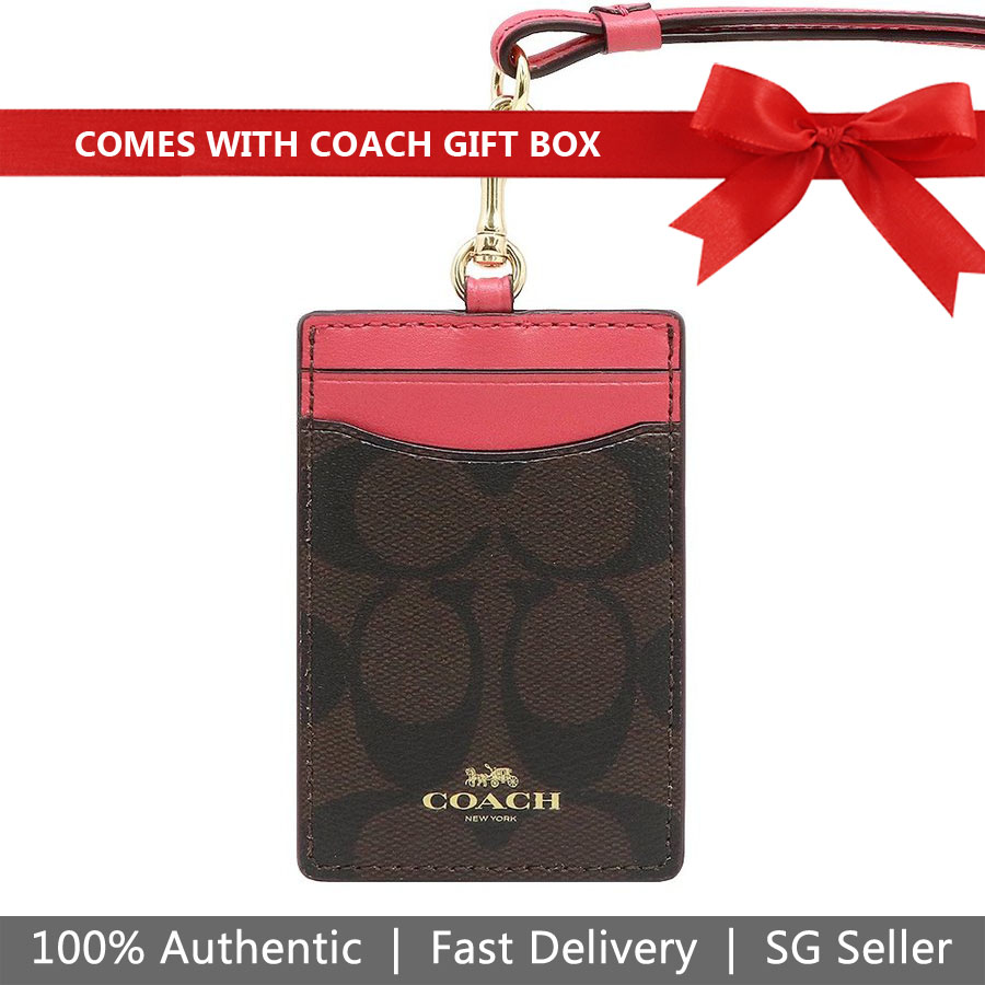 Coach Lanyard In Gift Box Id Lanyard In Signature Canvas Brown / Strawberry # F63274
