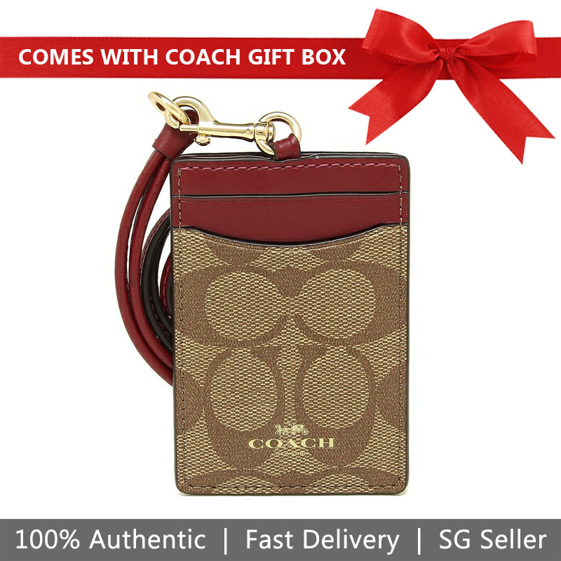 Coach Lanyard In Gift Box Id Lanyard In Signature Canvas Khaki / Cherry Red # F63274
