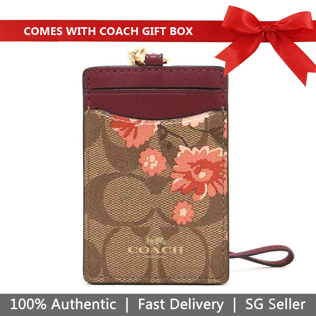 Coach Lanyard In Gift Box Id Lanyard In Signature Canvas With Prairie Daisy Cluster Print Khaki / Coral # F78845