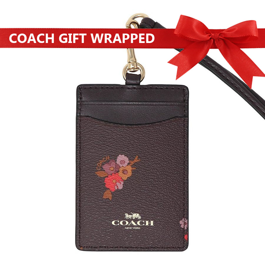 Coach Lanyard In Gift Box Id Lanyard With Baby Bouquet Print Oxblood Multi / Gold # F32005