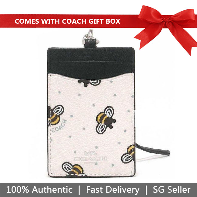 Coach Lanyard In Gift Box Id Lanyard With Bee Print Chalk White / Black # F26654