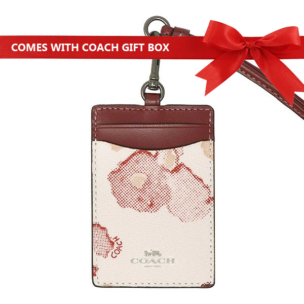 Coach Lanyard In Gift Box Id Lanyard With Halftone Floral Print Chalk White / Red / Black Antique Nickel # F39055