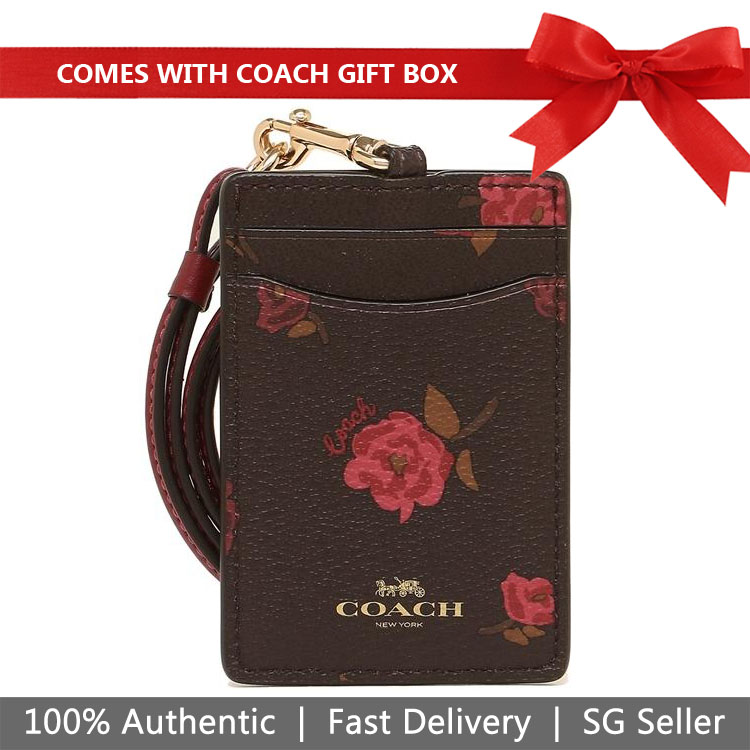 Coach Lanyard In Gift Box Id Lanyard With Tossed Peony Print Oxblood Dark Red # F67527