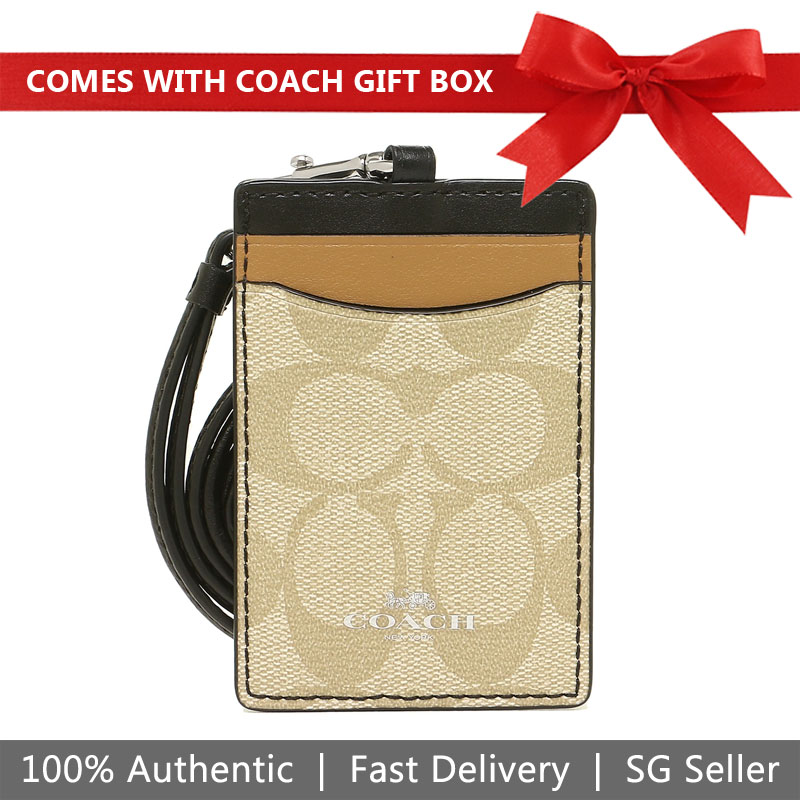 Coach Lanyard In Gift Box Lanyard Id Case In Colorblock Signature Light Khaki / Silver # F57964