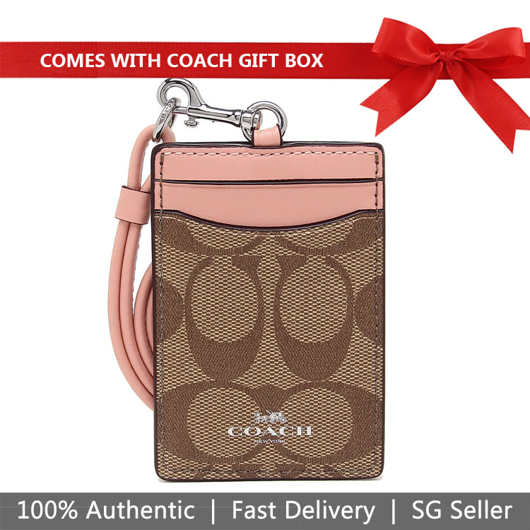 Coach Lanyard In Gift Box Signature Lanyard Id Case Khaki / Petal Pink # F63274