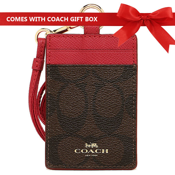 Coach Lanyard In Gift Box Signature Pvc Lanyard Id Brown / True Red # F63274
