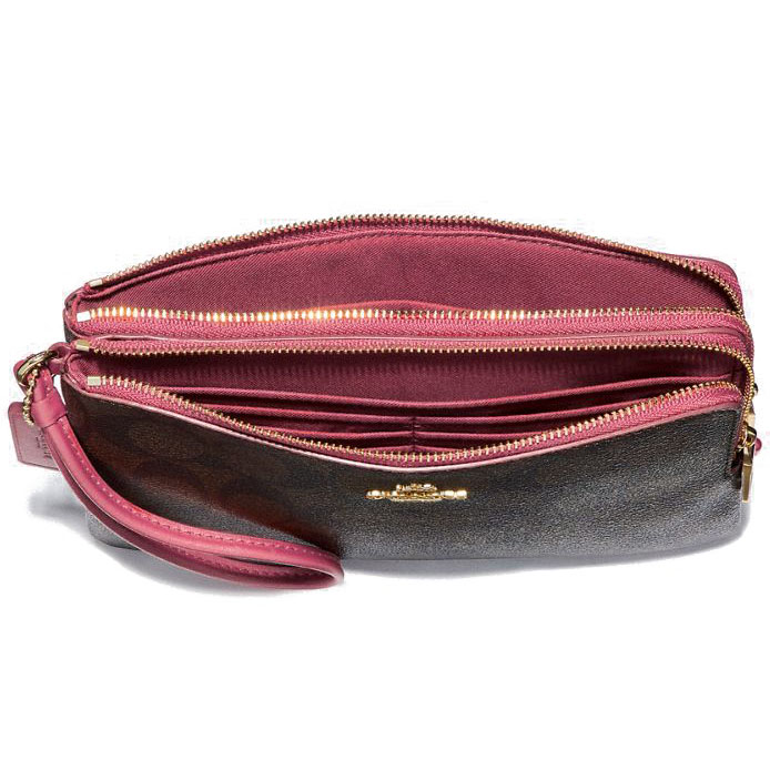 Coach Large Double Zip Wallet In Signature Coated Canvas Large Wristlet Brown / Rouge Pink # F16109