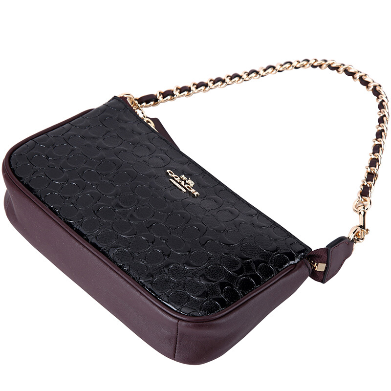 Coach Large Wristlet 19 In Signature Debossed Patent Leather Black Oxblood # F11940