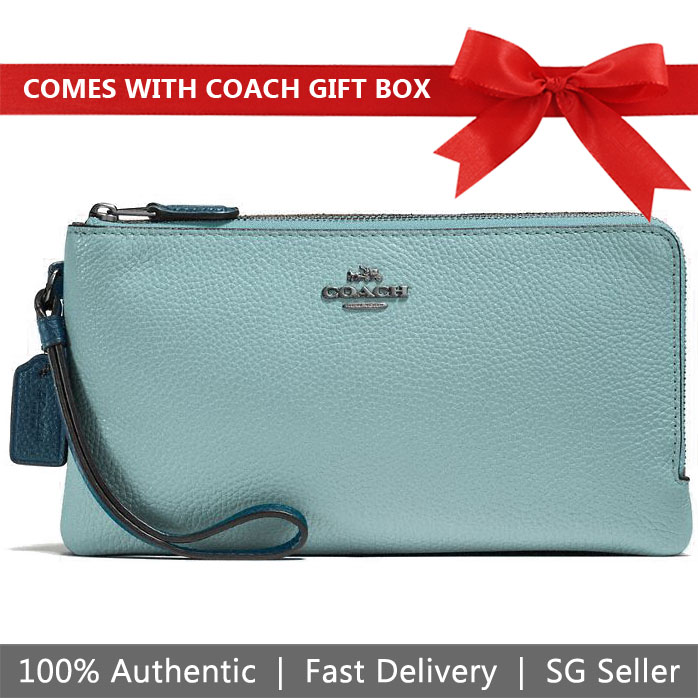 Coach Large Wristlet In Gift Box Large Double Zip Wallet In Colorblock Cloud Mineral Blue # 54051