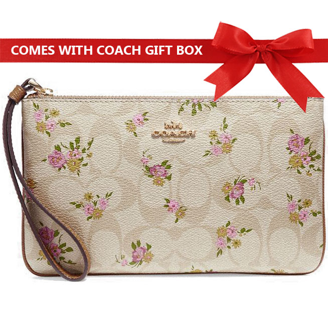 Coach Large Wristlet In Gift Box Large Wristlet In Signature Canvas With Daisy Bundle Print Light Khaki / Multi / Gold # F31784