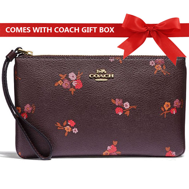 Coach Large Wristlet In Gift Box Large Wristlet With Baby Bouquet Print Oxblood / Gold # F31999