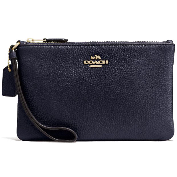 Coach Large Wristlet In Polished Pebble Leather Gold / Navy Blue # 16111B