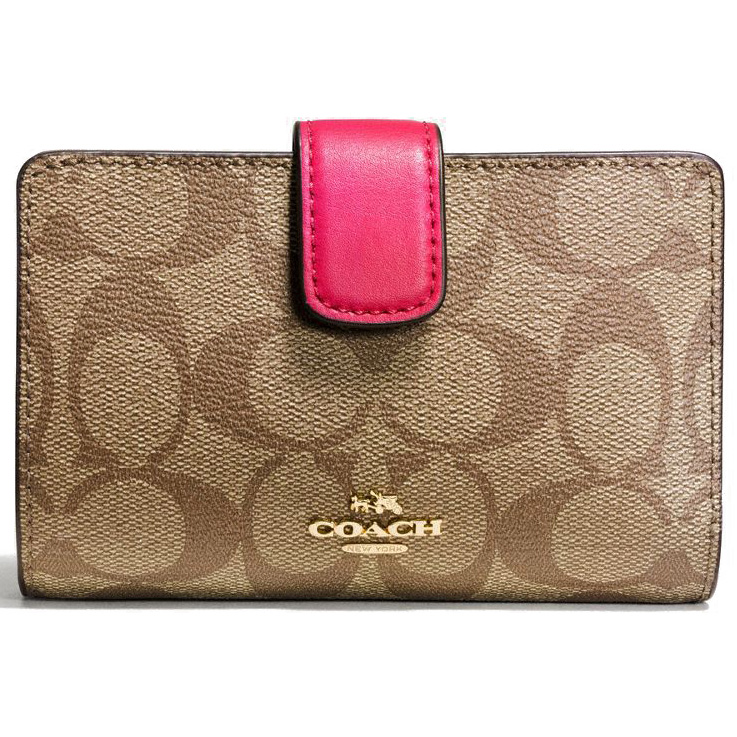 Coach Medium Corner Zip Wallet In Signature Gold / Khaki Bright Pink # F54023