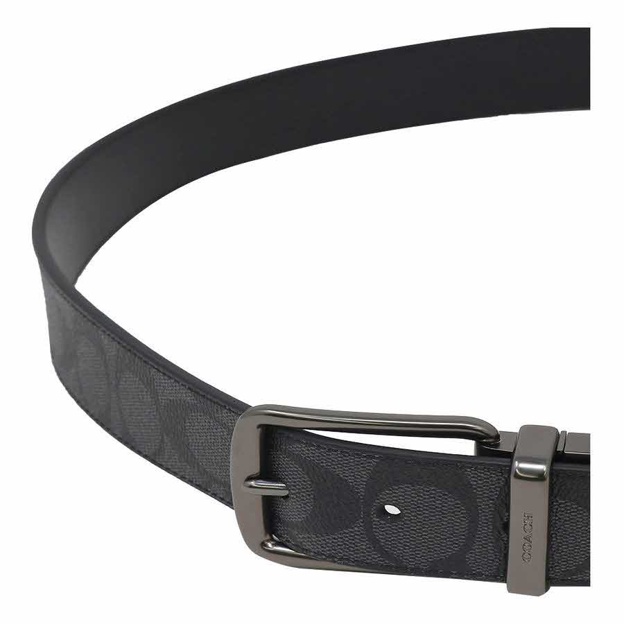 Coach Men Belt In Gift Box Wide Harness Cut-To-Size Reversible Signature Coated Canvas Belt Charcoal / Black # F64839