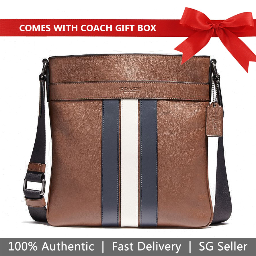 Coach Men Crossbody Bag In Gift Box Charles Crossbody With Varsity Stripe Saddle Brown # F23216